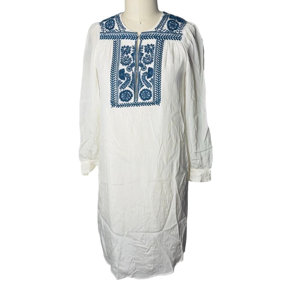 Antik Batik Oriane White Blue Embroidered Cotton Gauze Tunic Dress XS / 36